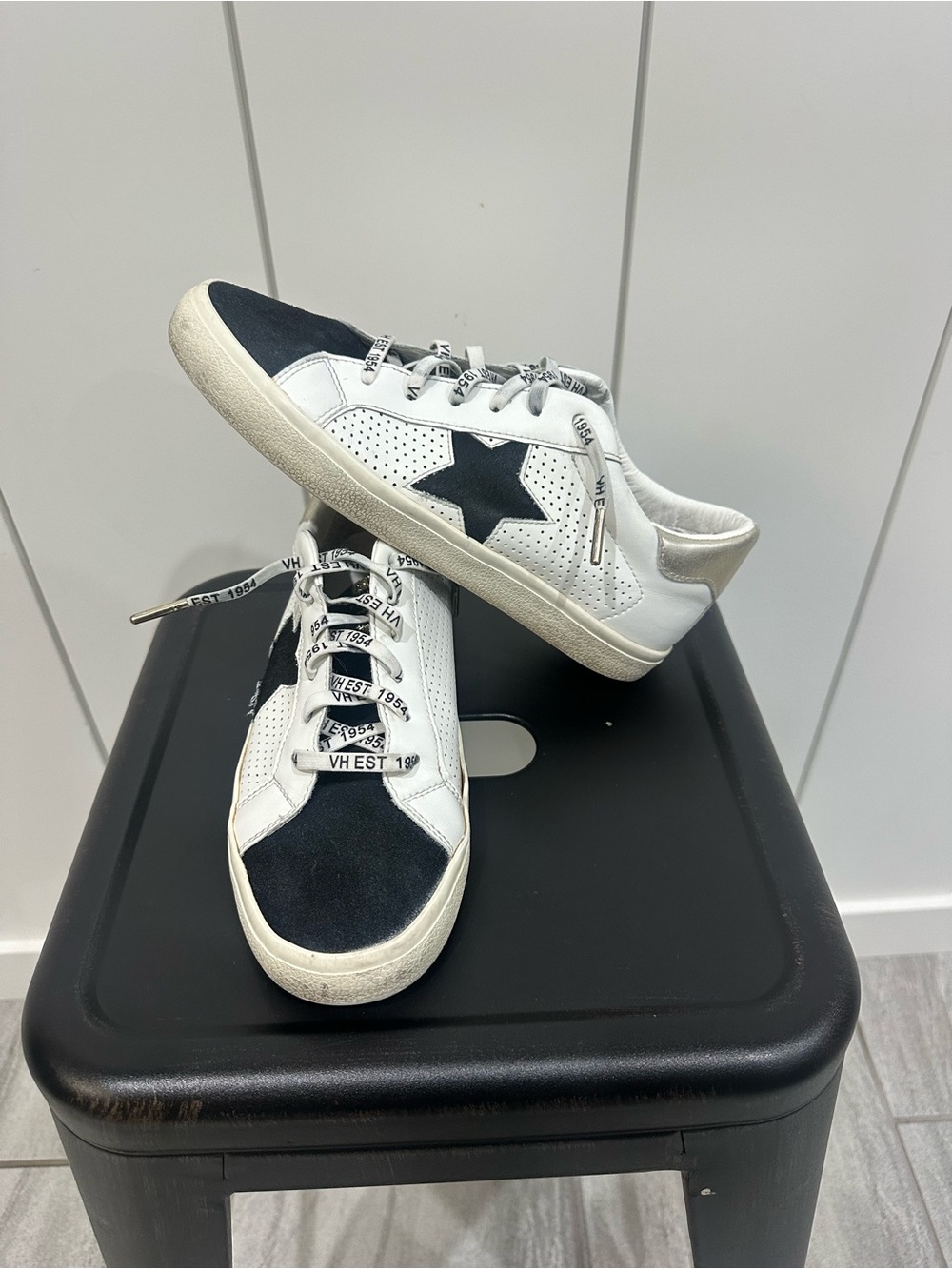 Vintage Havana White Sneakers with Black Tabs and Gold Heel